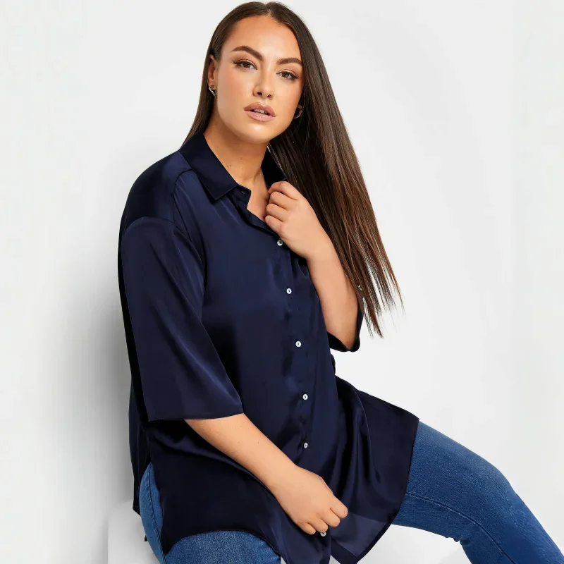 Summer Autumn Loose High-end Hanging Side Slit Shirt For Women Plus Size Casual Imitation Acetate Five Quarter Sleeve Shirt 5XL