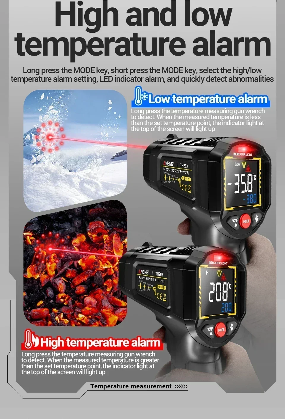 TH203 Infrarot-Thermometer, einstellbare Emissionsfähigkeit, berührungslose Temperaturmessung 50 ° C~600 ° C-Pyrometer IR-Hygrometer für Industrie und Haushalt – Detail 6
