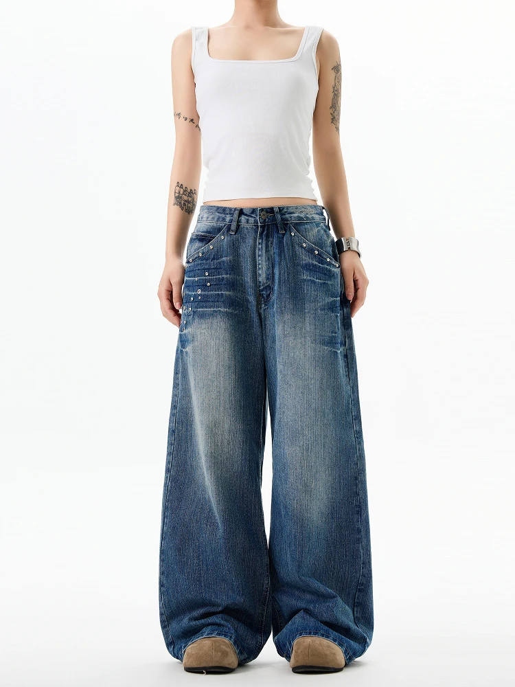 StreetStudio American Retro Waed Rivet Design Straight Loose Casual Jeans High Waist Straight Leg Jeans for Young Women