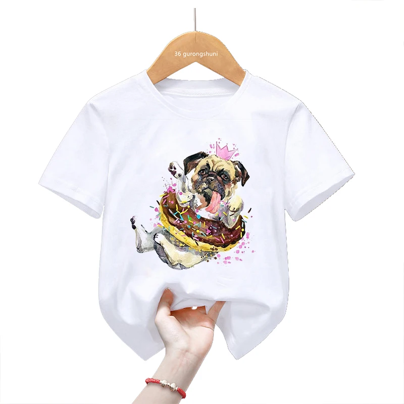 Watercolor Crown Pug Love Donut Animal Print T Shirt For Girls/Boys Funny Kids Clothes Kawaii Dachshund/Yorkie Dog T-Shirt