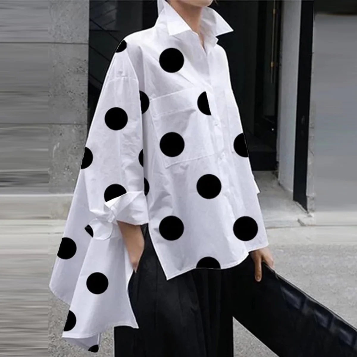 Uoozee Female Fashion Polka-Dot Blouse Split-Side Lapel Long Sleeves Button High-Low Casual Office Lady Shirts Tops For Women