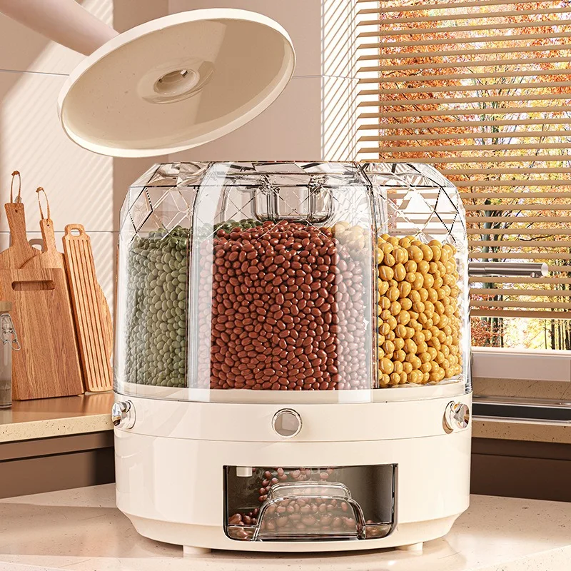 360 Degree Rotating Rice Dispenser Sealed Dry Cereal Grain Bucket Dispenser Moisture-proof Kitchen Food Container Storage Box