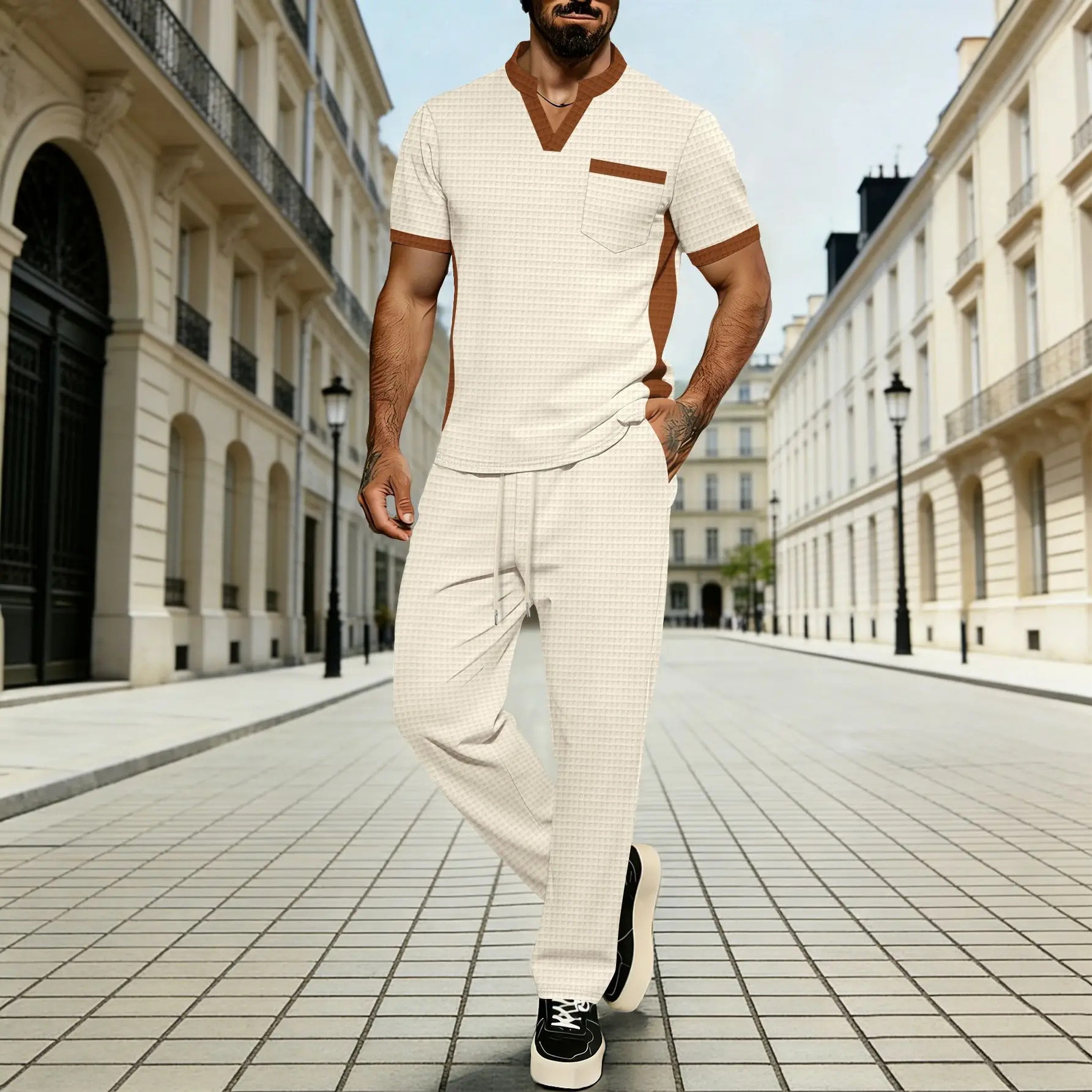 

New high-quality men's two-piece waffle knit set: Contrast-color border V-neck pocket T-shirt and long pants casual sports outfi