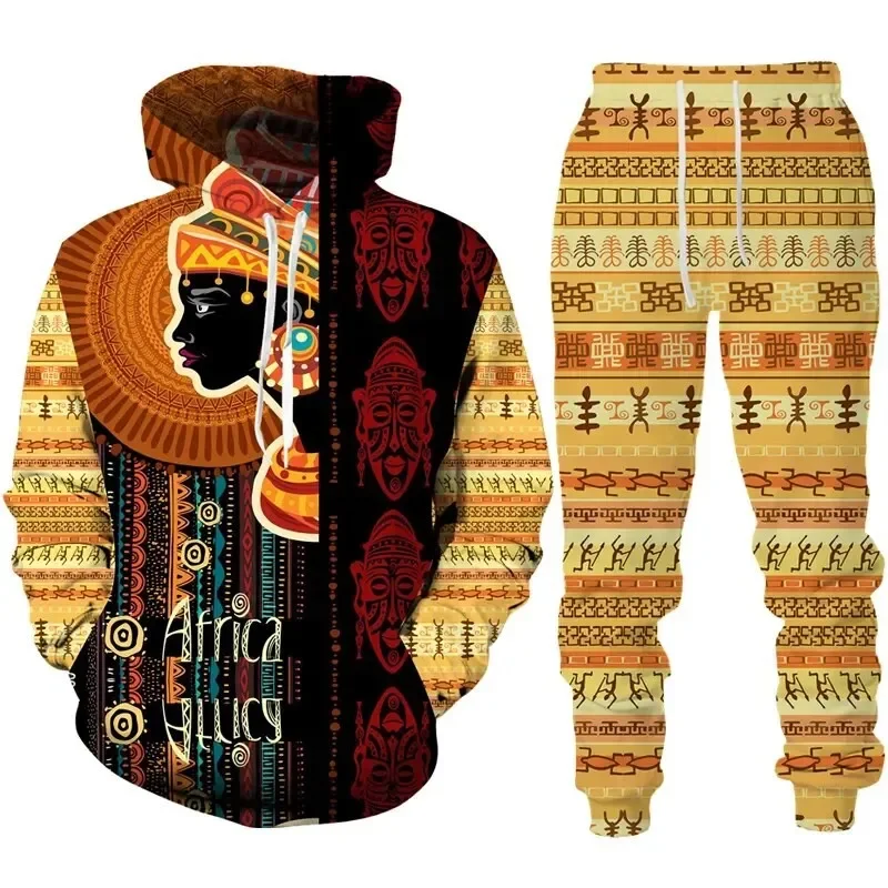 Ethnic Hoodie Set Men 3d Print Hoodies Trousers Suits Men Tracksuit Sets Personality Oversize Long Sleeve Ethnic Style Suit