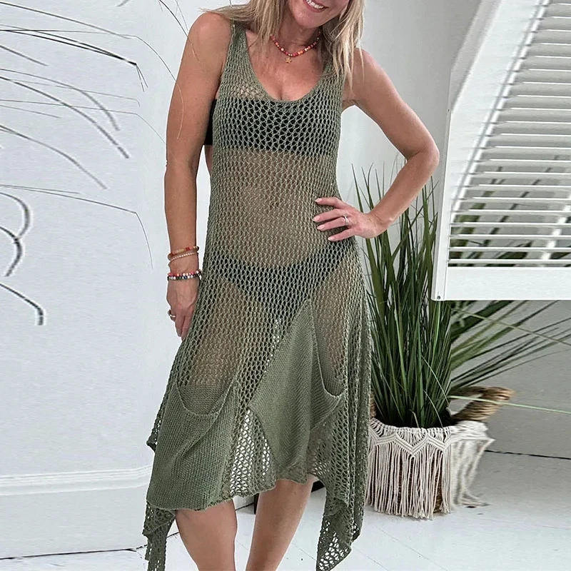 

Casual Pure Color See-through Dress Elegant Lady Sleeveless Halter Beach Dress 2026 Spring Summer New Hollow Out Bikini Cover-up