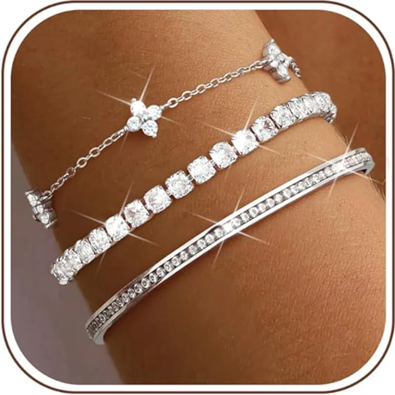 Image of Glänzendes Kristall-Stapelarmband für Damen, zierliche Kleeblattkette, quadratischer Zirkon-Armreif, stapelbar, verstellbar, Party-Schmuck, Geschenk
