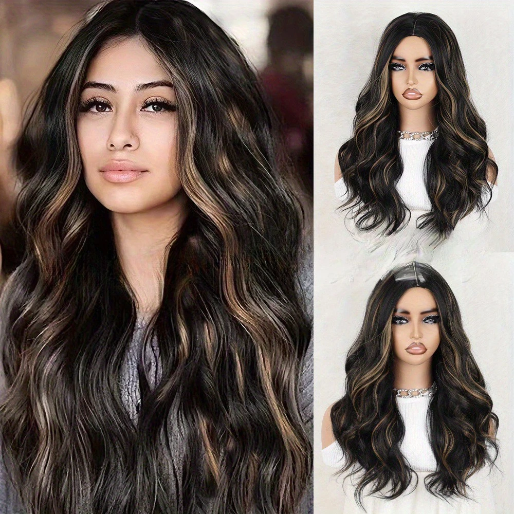

Black highlights blond curly hair, fashionable wig, layered wig, chemical fiber high temperature resistant material