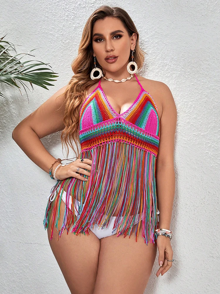 Top Halter de ganchillo de talla grande, traje de baño bohemio de arcoíris con flecos y borlas a rayas coloridas, traje de baño Sexy de punto con cuello en V