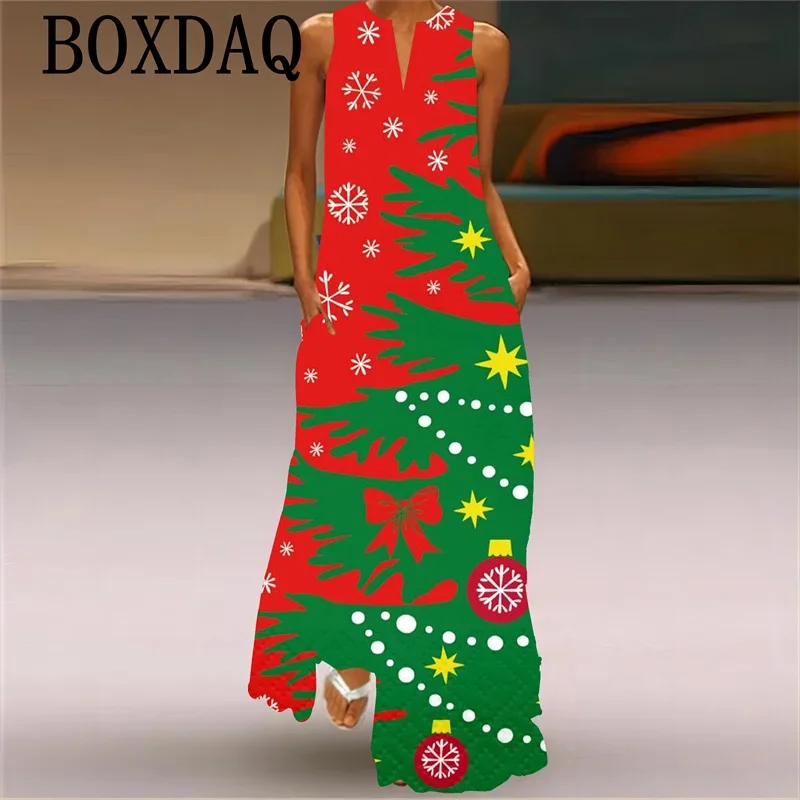 Robe longue de fête de Noël pour femmes, robe maxi à col en V, bloc de documents, impression d'arbre de Noël de dessin animé, vêtements féminins