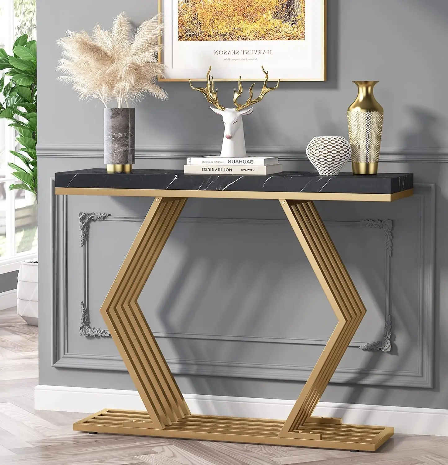 

42 inches Black and Gold Entryway Table with Geometric Metal Base, Modern Console Table Foyer Hallway Table for Entryway