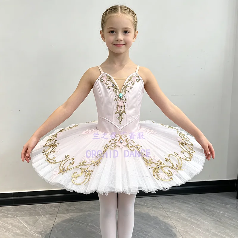 Women light pink satin V-neck spaghetti strap corset professional tutu ballet costume gilded scroll pink flower emerald embroide