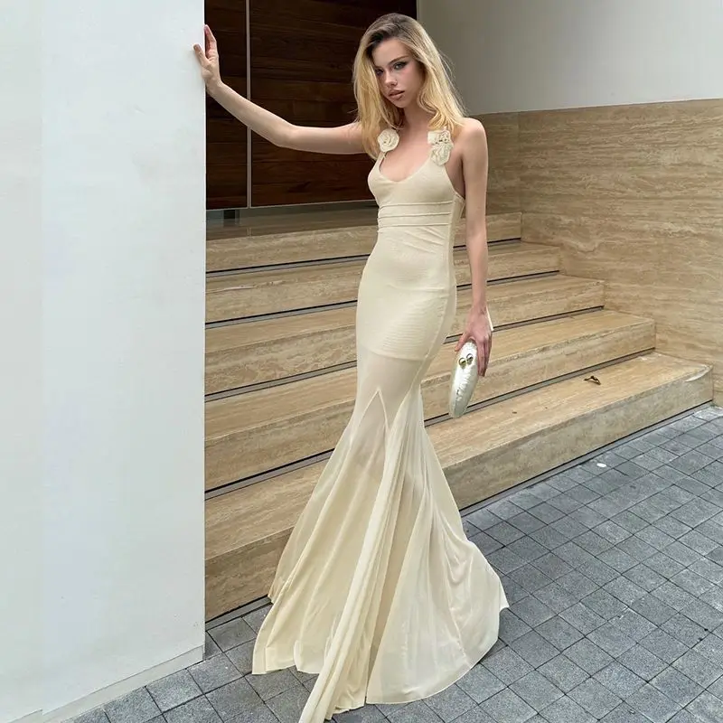 Vestido largo Sexy con apliques florales criptográficos, trajes de moda de verano con cuello Halter y escote pronunciado, vestidos transparentes de malla sin espalda, coqueta