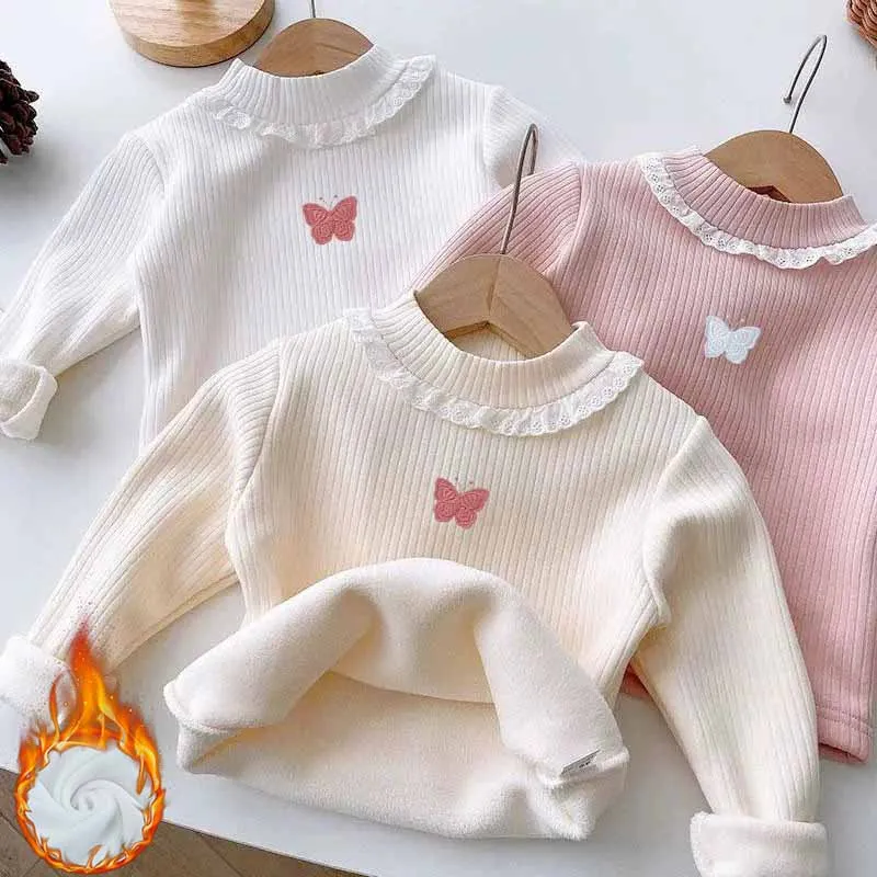 Girl's Padded Sweater Children's Fleece Pullover Winter Warm Bottoming Shirt Kids Bow Sweet Knitted Autumn New Casual Tops