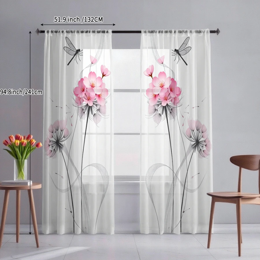 2PCS Digital Print Sheer Curtain, Dragonfly Pink Hydrangea, Boho Chic Window Curtains for Living Room Bedroom Home Decor