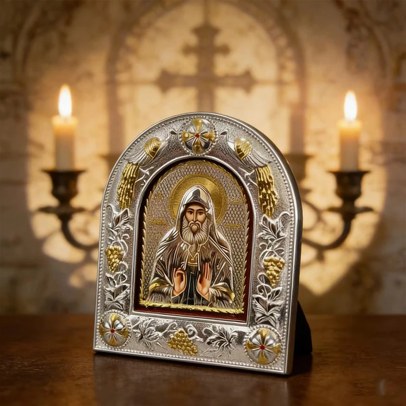 

Silver Gold Plated Orthodox Holy Saint Icon with Embossed Arch Frame for Church Liturgy Home Altar Prayer Devotion Christian Gif