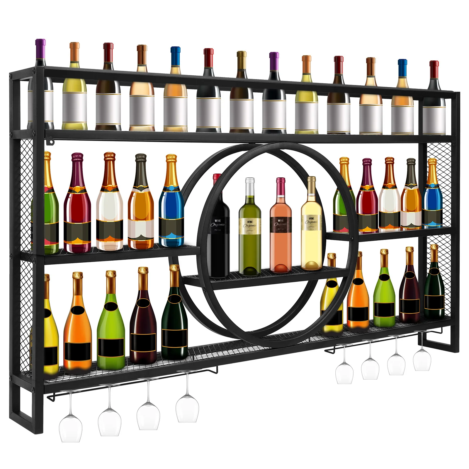 بار زجاجة الخمور عرض الرف مع مصباح ليد الحديد بار الخمور الجرف سعة كبيرة العائمة جدار النبيذ قوس للمطبخ المنزل