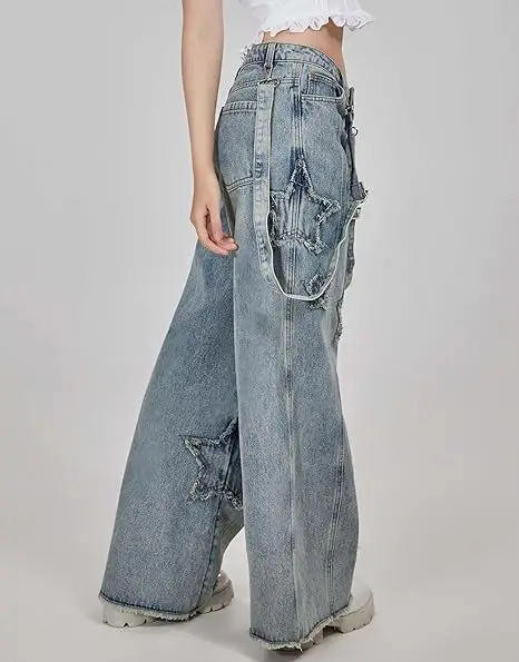 USA Stock-  Women's Wide Leg Baggy Denim Bib Pants Jeans Pants with Detachable Shoulder Straps and Pockets view 2
