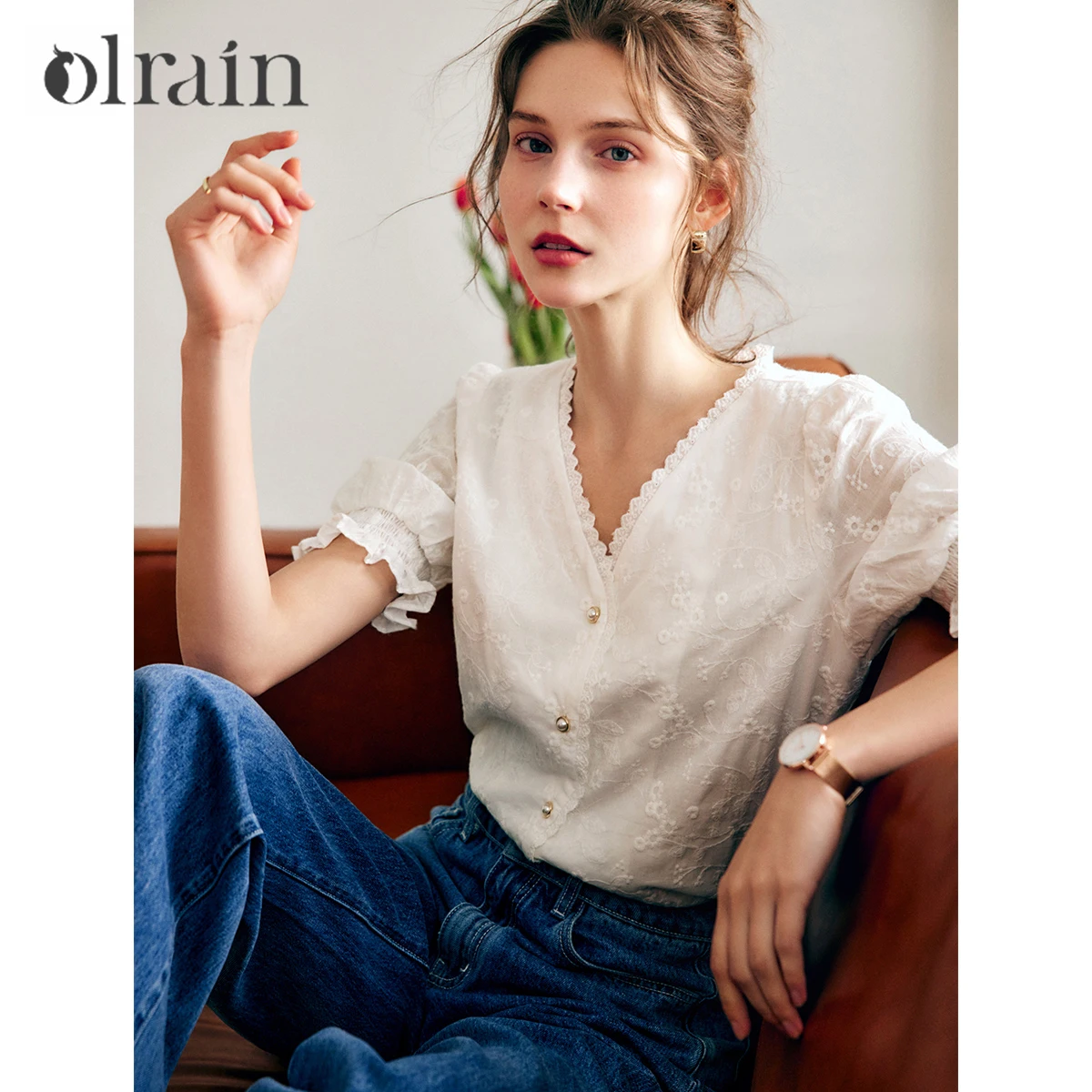 

OLrain Women's Shirt French White Fashion V-Neck Design Blouses Summer 2025 Loose Embroidered Shirts 100% Cotton Tops O57XC56062