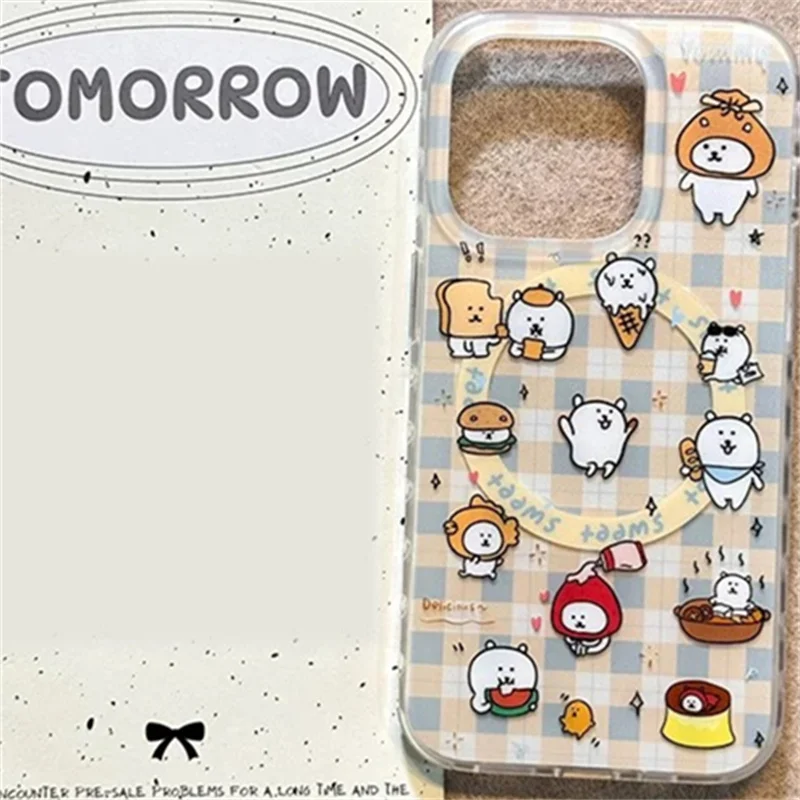 Magnetic checkered white Little Bear illustration phone case with magnetic bracket for iPhone 11 12 13 14 15 16 17 Pro mx