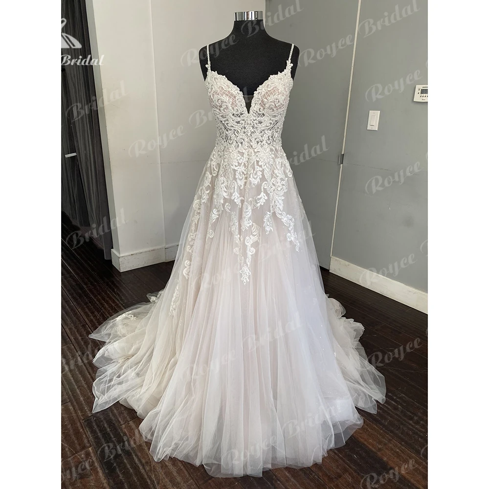 

Roycebridal Champagne Wedding Dresses Boho Style 2024 V Neck Lace Beaded Princess Bridal Wedding Gowns Spaghetti Straps