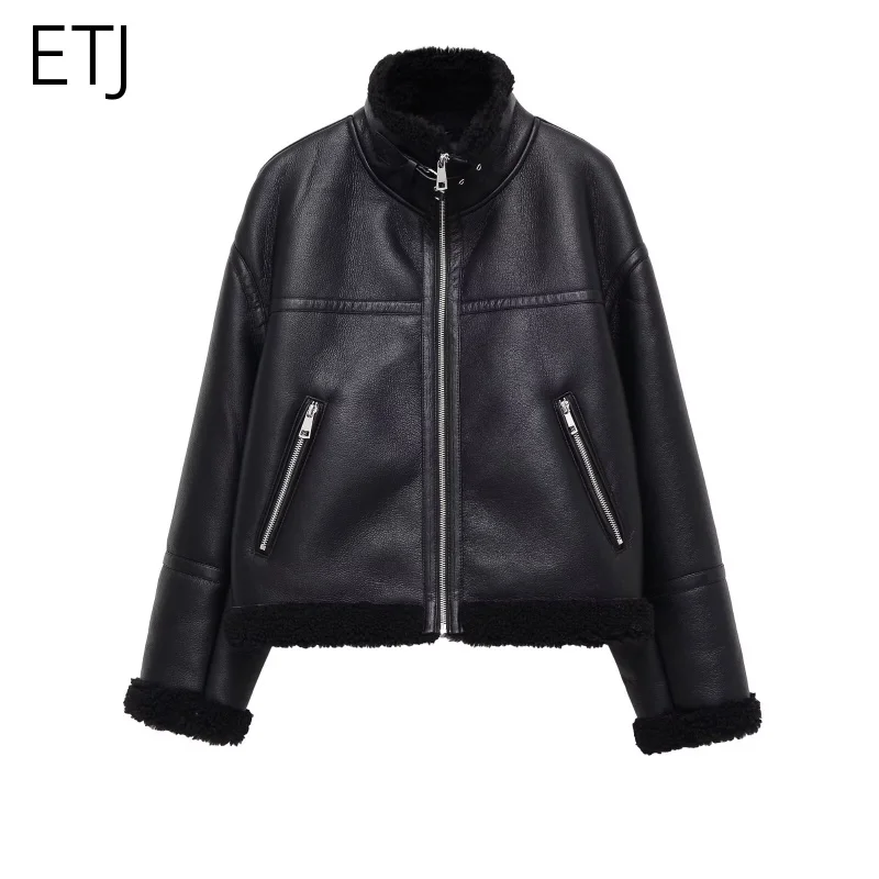 ETJ 2025 مجموعة الشتاء النسائية الجديدة y2k سترة دافئة رائعة غير رسمية الصوف عالية الرقبة دراجة نارية الفراء قطعة واحدة سترة