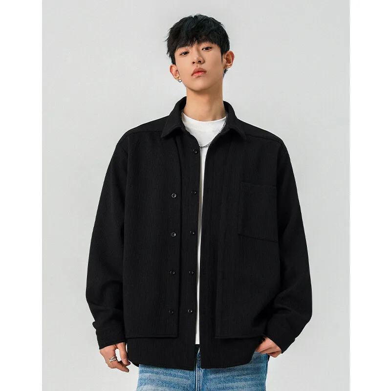 Men's Fake Two-Piece Waffle Texture Long Sleeve Loose-Fit Shirt - Layered Look Casual Top, Breathable Comfortable Fabric, Trendy