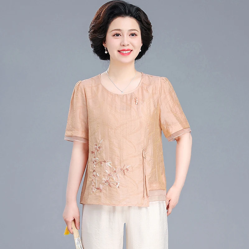 

New Chinese Sle Summer Outfit Set for Mom Cotton Linen Loose ort Sve Women's T-irt Middle-Aged And ly Faion