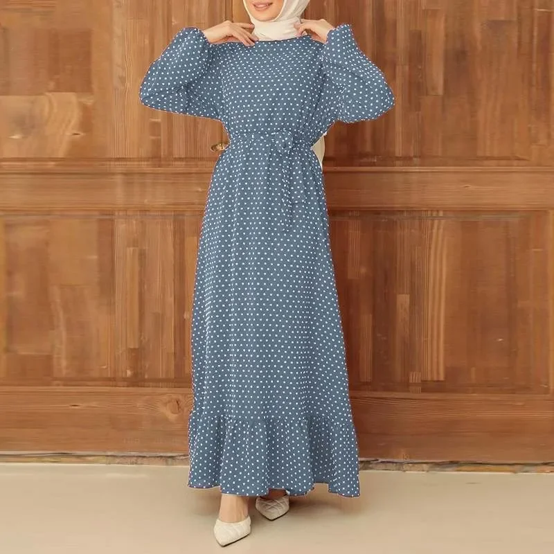 Retro Polka Dot Print Robe for Women, Long Sleeve, Ruffled Hem, Abayas, Ramadan, Female Fashion, 2022