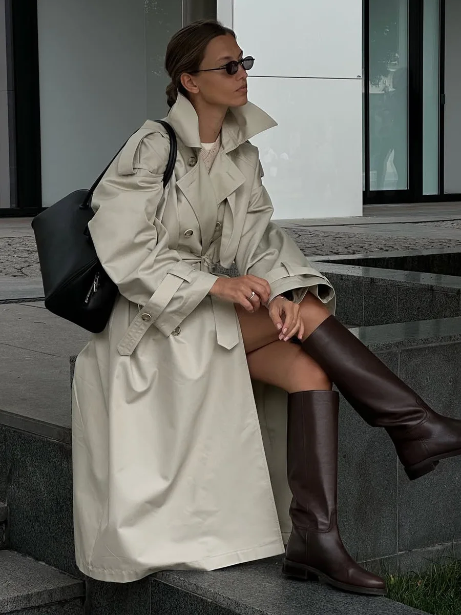 Bornladies جديد الخريف الشتاء المرأة الرجعية طويلة خندق معطف مكتب سيدة فضفاضة مربوط الخصر موضة ملابس خارجية جاكيتات