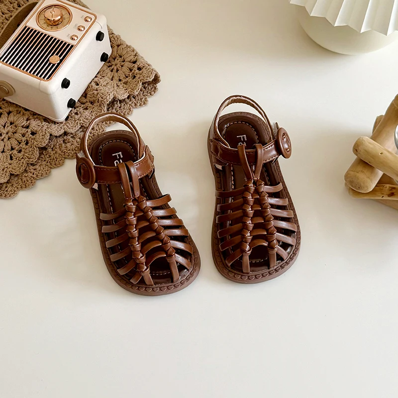 Summer Children Woven Princess Shoes Baby Girls Sandals Kids Beach Sandals Soft Sole Non-slip Infant Casual Barefoot Shoes