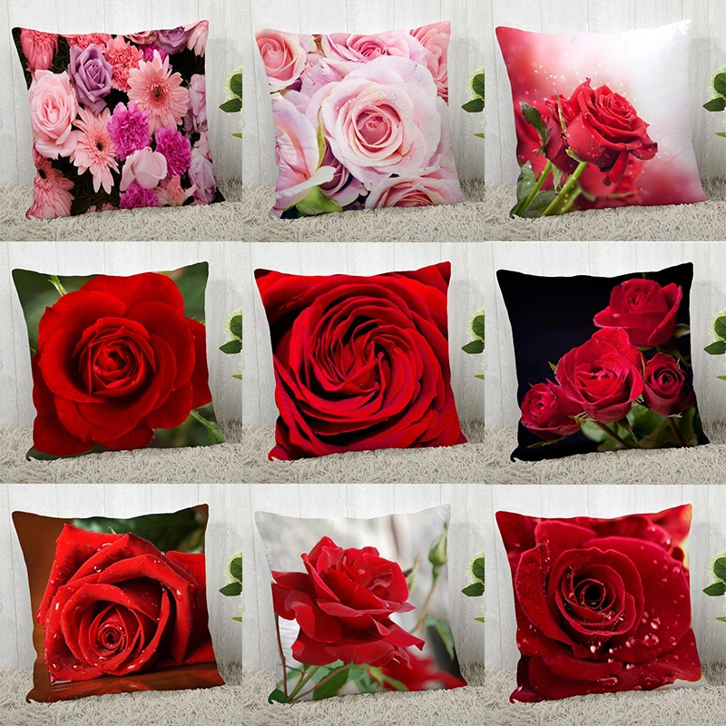 Red Rose Flower Print Double-sided Printed pillow cover Short plush Suitable living rooms bedrooms sofas throw cushion cover