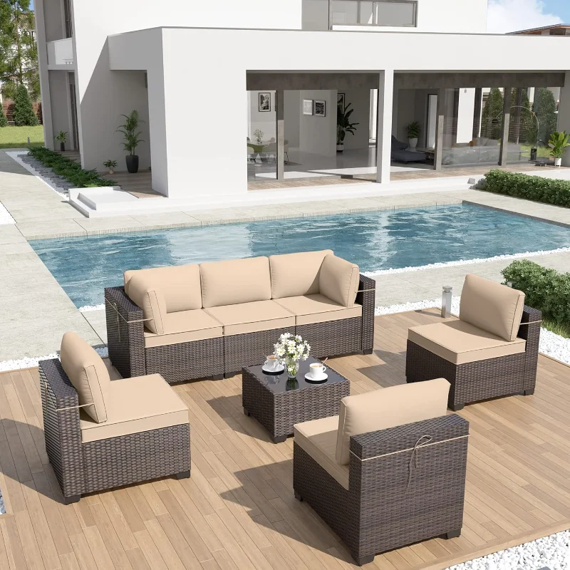 

ALAULM 7 Piece Outdoor Patio Furniture Sets, Outdoor Furniture Patio Sectional Sofa, All Weather Woven Wicker Patio Sofa Brown