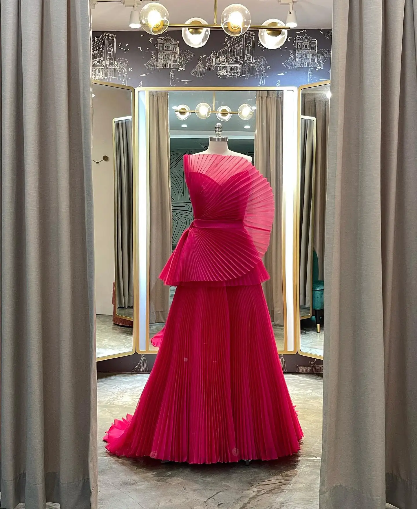 Real Image Fuchsia Pleated Long Formal Party Dresses Strapless A-line Folds Women Wedding Party Dress Maxi Gowns