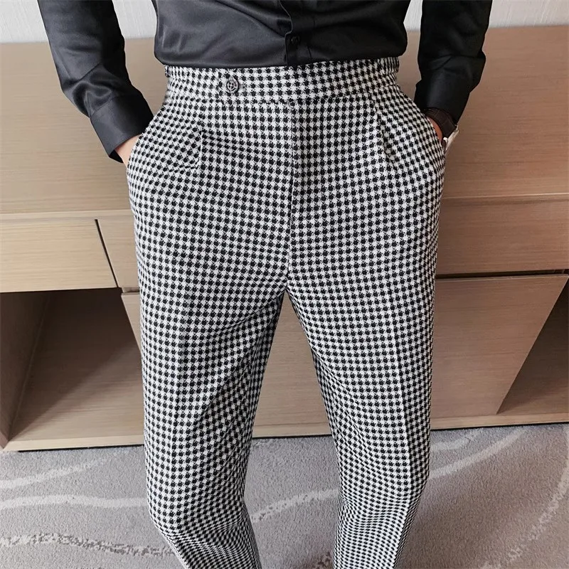 

Men Houndstooth Suits Pants British Style Business Casual Trousers New Male High Quality Formal Wear Slim Suit Pants Size 36