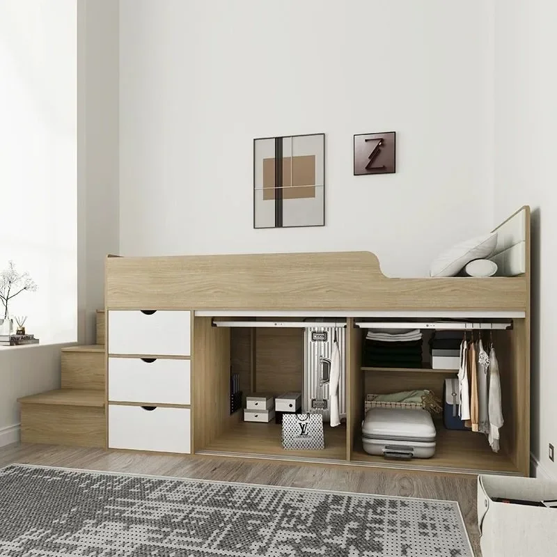 small apartment wardrobe integrated modern children's half-height bed single multi-functional storage solid wood storage bed
