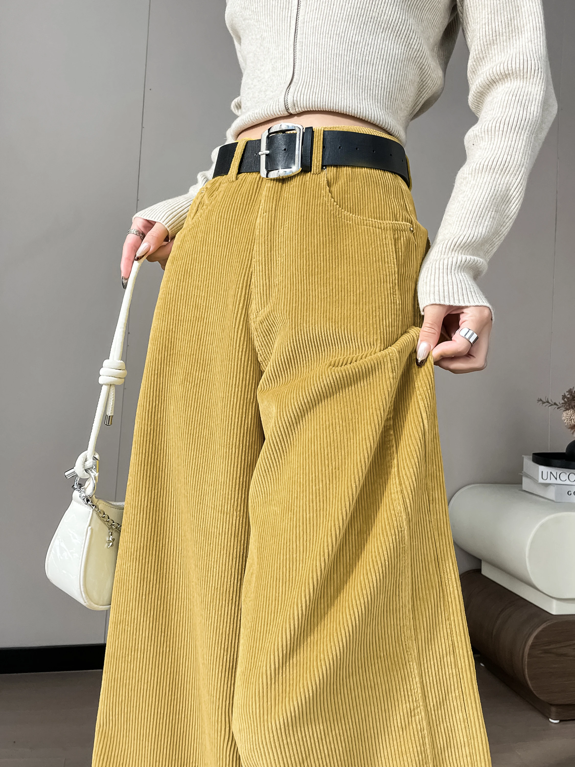 

Желтые вельветовые брюки-палаццо женские зимние утепленные с высокой талией, повседневные, в пол, для стройности, костюмные