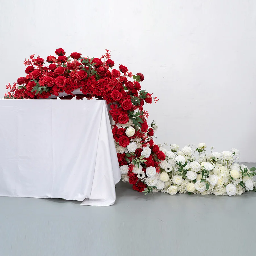 

Red White Rose Long Table Birthday Artificial Flower Mariage Decoration Wedding Faux Flowers Bouquet Exhibition Hall Fake Plants