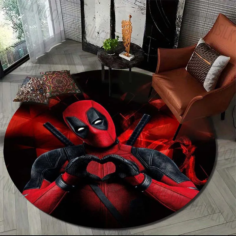 Deadpool Marvel HD 인쇄 만화 라운드 카펫 어린이를위한 거실 러그 캠핑 피크닉 매트 플란넬 미끄럼 방지 요가 애니메이션 러그