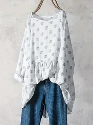 Women's Plus Size 1XL-5XL Round Neck Casual Polka Dot Printed Top for Spring and Summer Fashion Long Sleeved Patchwork Shirt