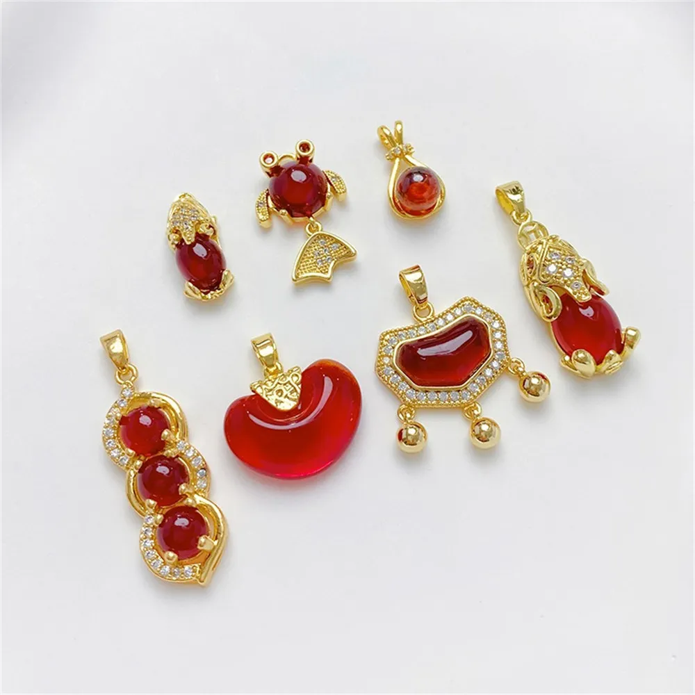 14K Package Gold Color Ruby Bell Lock Pixiu Pendant Small Pendant DIY Handmade Bracelet Jewelry Material Accessories