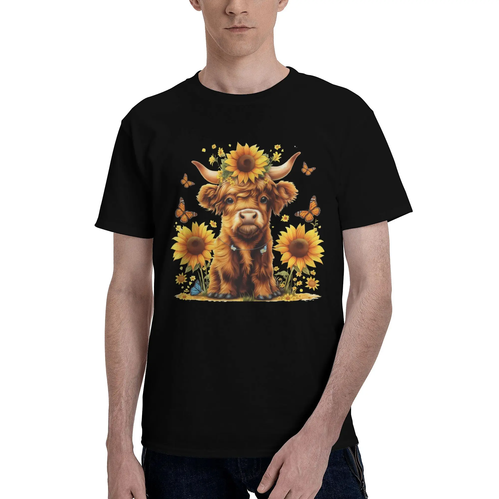 

Highland Cow Sunflower Butterfly Men Short Sleeved T-Shirt Soft Crew Neck Casual Pattern Print Ripped Round Tees Streetwear Art