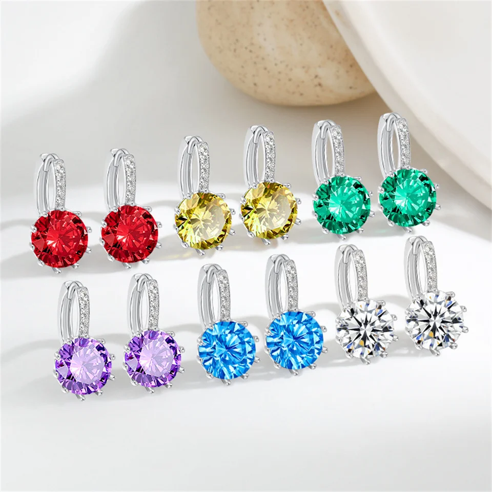

Light Luxury Colored Diamond Earrings For Women High-end Round Colored Twelve-star Earrings AAA Zircon Stainless Steel Earrings