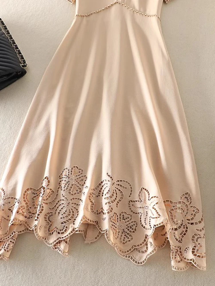 AELESEEN Designer Fashion Women Dress Summer Beige White Black Flower Hollow Out Beading Ruffles Elegant Knee-length Party