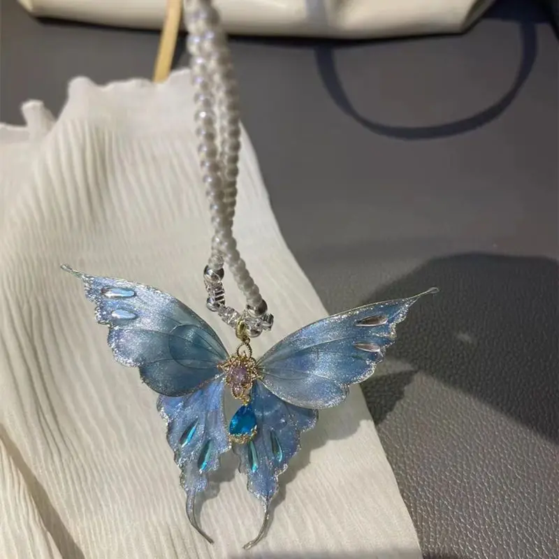 قلادة على شكل فراشة جديدة لطيفة للشفاء من اللؤلؤ الأزرق قزحي الألوان #3