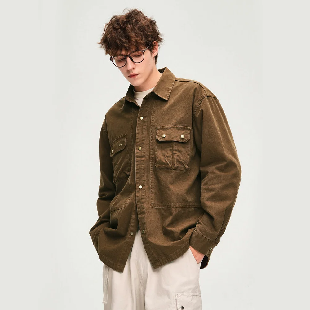 American Fashion Heavy Cotton Shirt Men Big Pocket Long Sleeve Loose Casual Plus Size Cargo Shirts Jacket Blouses Coat Tops