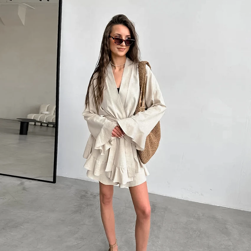 Hiloc Elegant Khaki Home Flare Sleeve V-Neck Belt Robe Suit Summer Loose Shorts Outfit Woman Ruffles Woven Pajama Set 2025 Solid