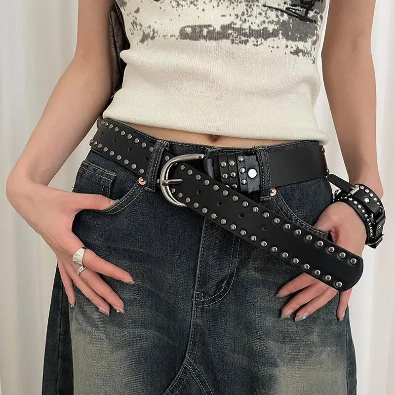 1 قطعة برشام الشرير إبرة مشبك حزام للرجال النساء موضة تنوعا Y2K الجينز ديكور بولي Leather حزام من الجلد الهيب هوب حزام الرجعية