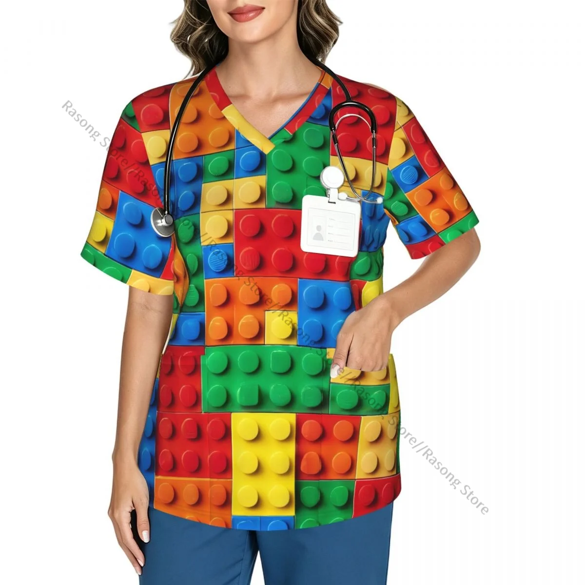 Women's Scrub Tops Short Sleeve Workwear Shirts Fitness Nursing Uniform Colorful Building Blocks Bricks Pullover Nursing Shirt