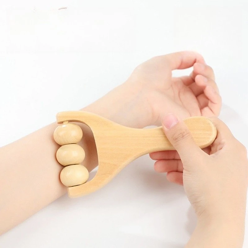 Solid wood massager slingshot shaped portable hand push shoulder neck waist head meridian brush roller wheel