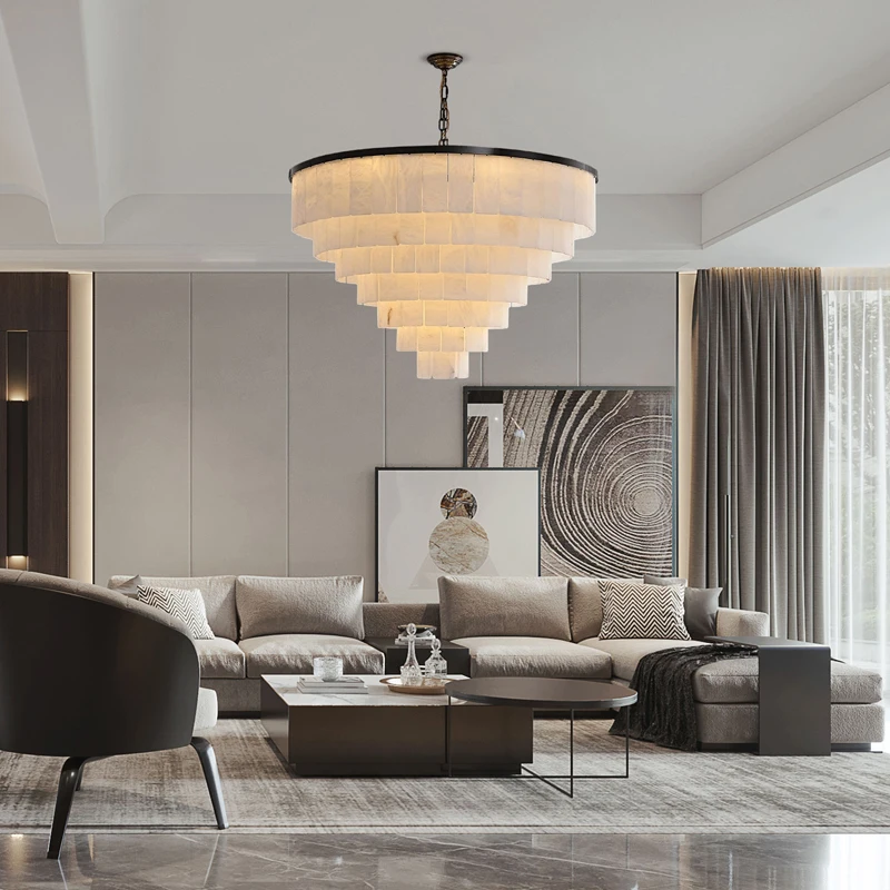 

3-7 Layer Marble Pieces Black Chrome 2025 Chandelier Hanging Lamp Lustre Alabaster Suspension Luminaire Lampen For living Room